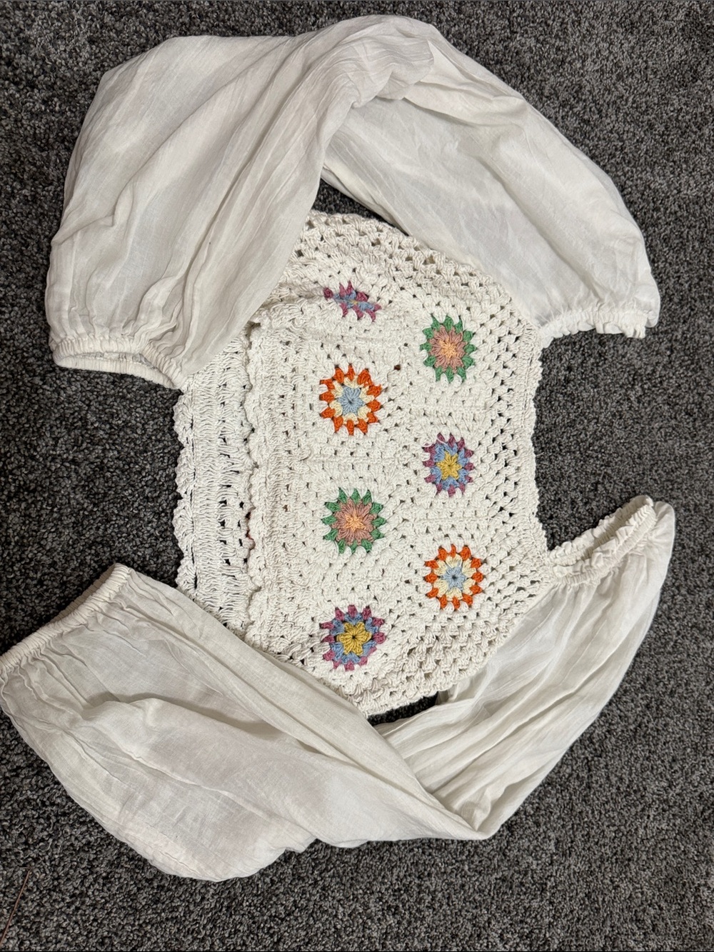 aerie White Crochet Crop Top with Colorful Floral Squares